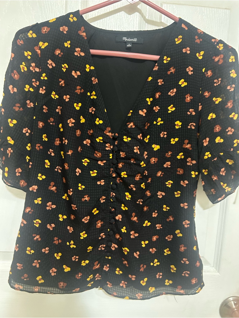 Madewell Black Floral V-Neck Button Front Top - Yellow & Rust Accents